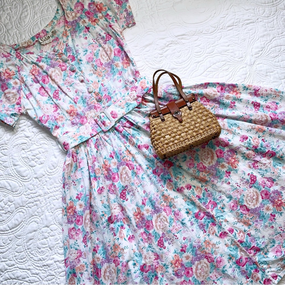 Vintage 80s Sarin Floral Cotton Short Sleeve Belted Midi Dress Small - Medium